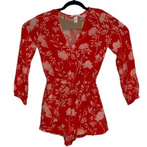 Red Floral Print V-Neck Romper With Drawstring Waist